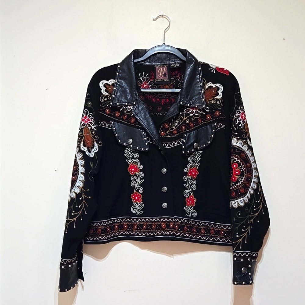 Gordon & James Women's Leather Trim  Floral Embroidered And Rhinestone J…